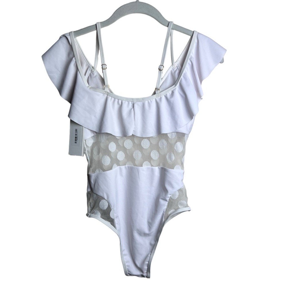 Aura White One Piece Swimsuit Sheer Panels Polka Dots Off Shoulder Size Small - Picture 3 of 11